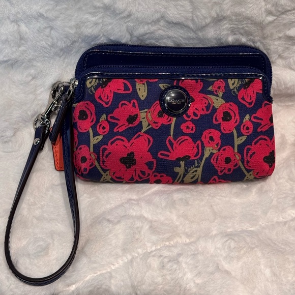 Coach Floral Poppy Double Zip Wristlet, pink blue and green - Picture 1 of 6